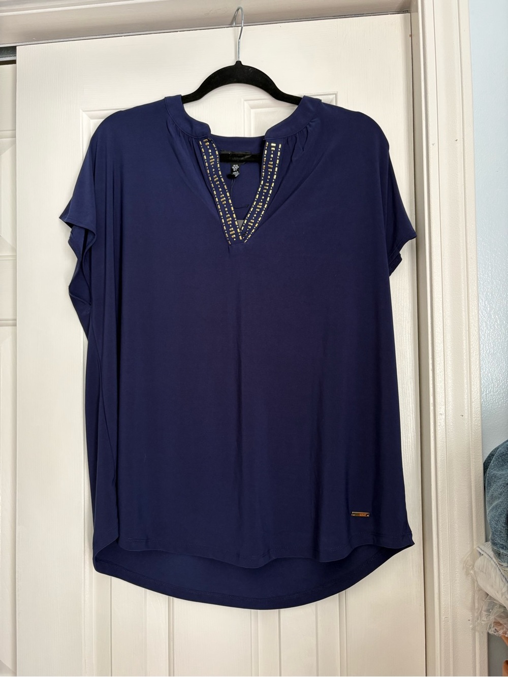 Jones New York Navy Embellished Split V-Neck Tunic